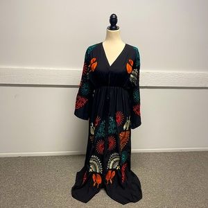Black Embroidered V-Neck Maxi Dress with Multicolor Floral Motifs